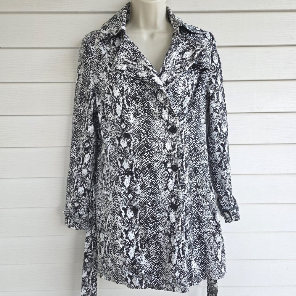 ED HARDY Black White Snake Print Belt Appliqued Rhinestones Trench Coat - Picture 9 of 13